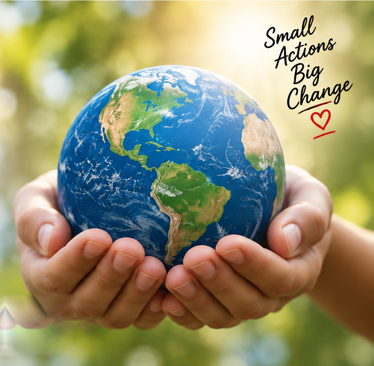 Hands holding the Earth with the message Small Actions Big Change