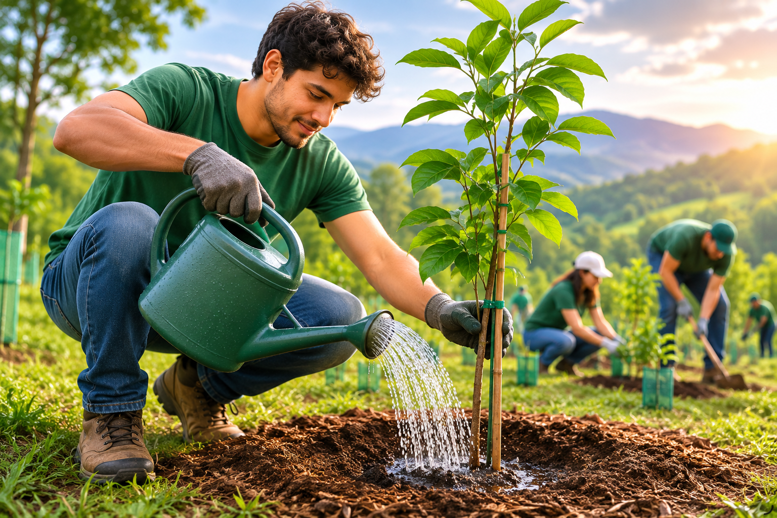 Volunteer watering and caring for a newly planted tree