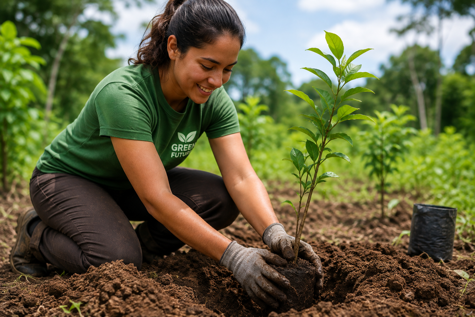 Volunteer planting a healthy young tree in prepared soil