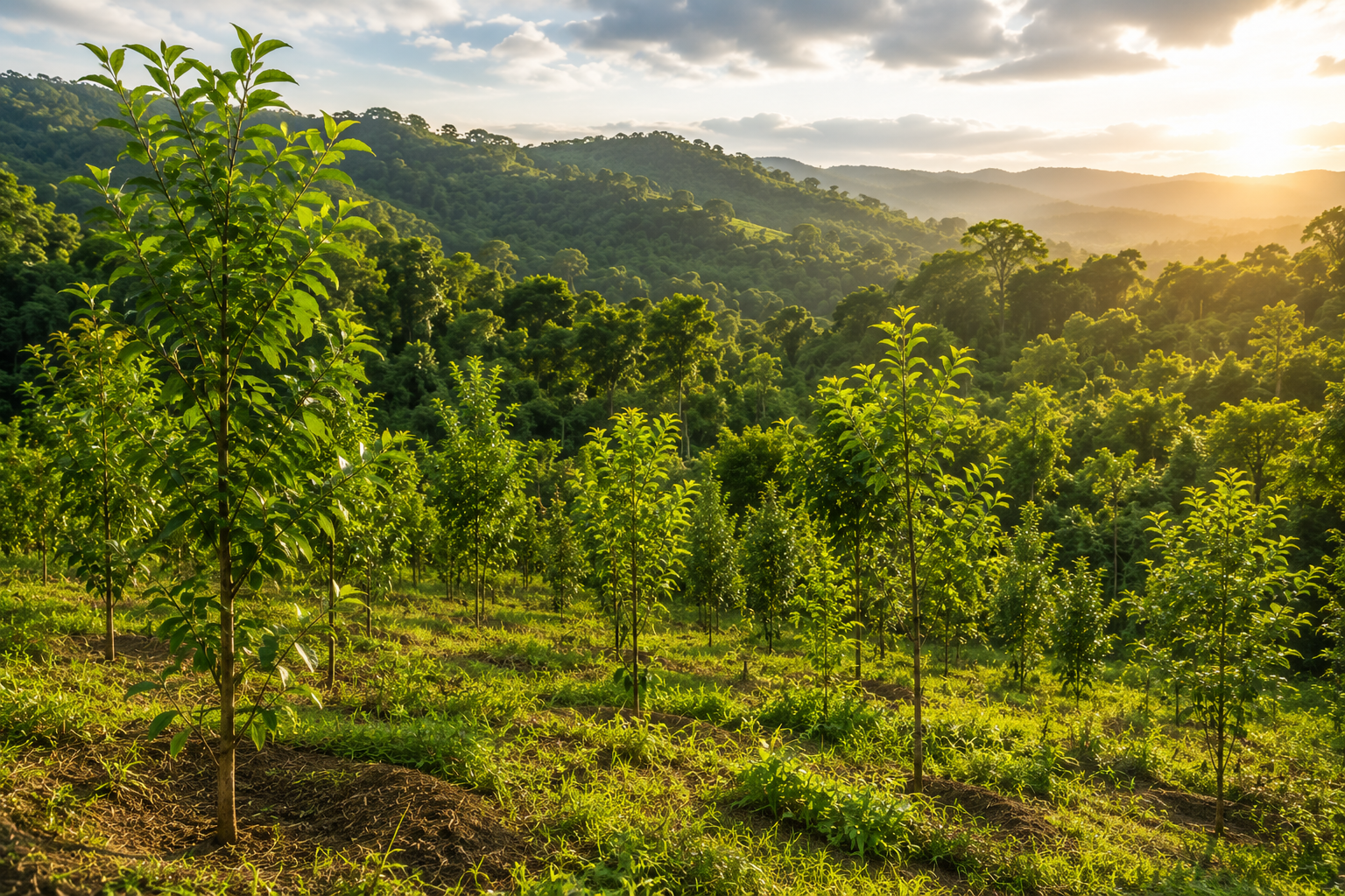 Young trees growing across a restored landscape