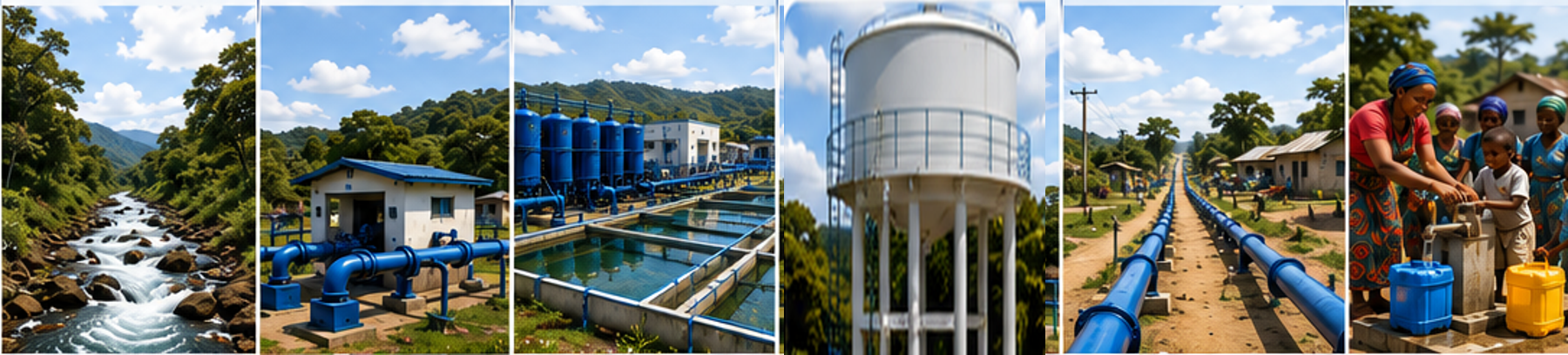 Six-stage clean-water pathway from natural source through pumping, treatment, storage and distribution to community collection